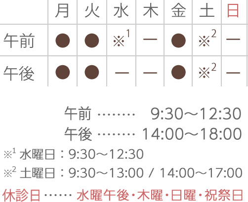 診療時間：平日9:30～12:30/14:00～19:00　月曜、水曜9:30～12:30/14:00～18:00　土曜9:30～13:00/14:00～17:00　休診日：水曜午後・木曜・日曜・祝祭日